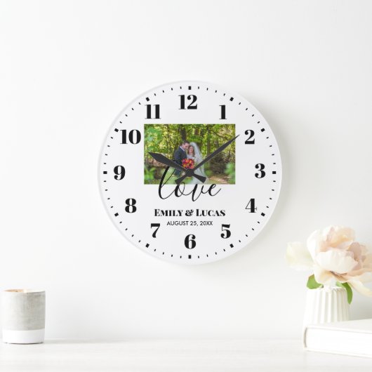カスタムウェディングシンプルフォトエレガント書道 ラージ壁時計 (ホーム)