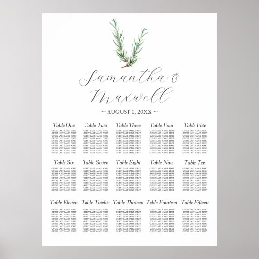 カスタムウェディングシーティングチャートウォーターカラーローズマリー ポスター (正面)