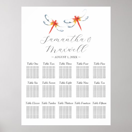 カスタムウェディングシーティングチャート水彩トンボ ポスター (正面)