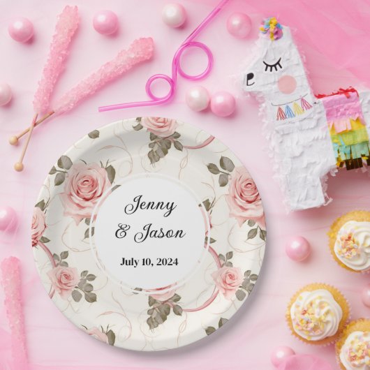 カスタムウェディングピンクローズ紙プレート ペーパープレート (パーティー)