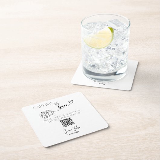 カスタムウェディングフォトQRコードサイン愛をキャプチャ スクエアペーパーコースター (インサイチュ)