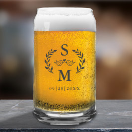 カスタムウェディングモダンモノグラムリースクレストグレー ガラス缶