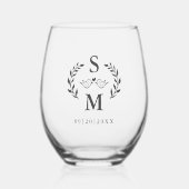 カスタムウェディングモダンモノグラムリースクレストグレー ステムなしワイングラス (正面)