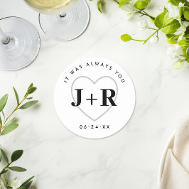 カスタムウェディングモノグラムイニシャルとハート ラウンドペーパーコースター