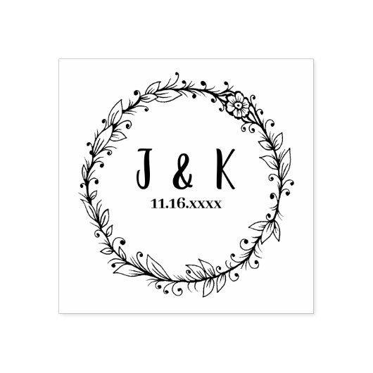 カスタムウェディングモノグラムスタンプ、植物性リース ラバースタンプ (インプリント)
