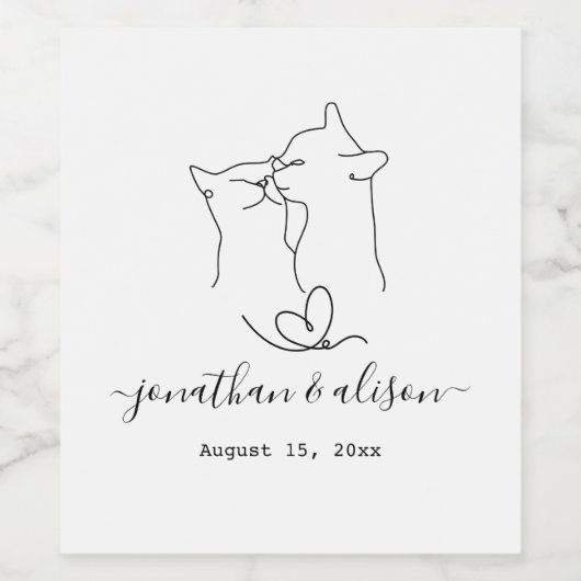 カスタムウェディング婚約パーティかわいいミニマル猫 ワインラベル (シングルラベル)