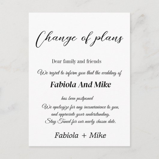 カスタムウェディング延期アナウンスメントカード ポストカード (正面)