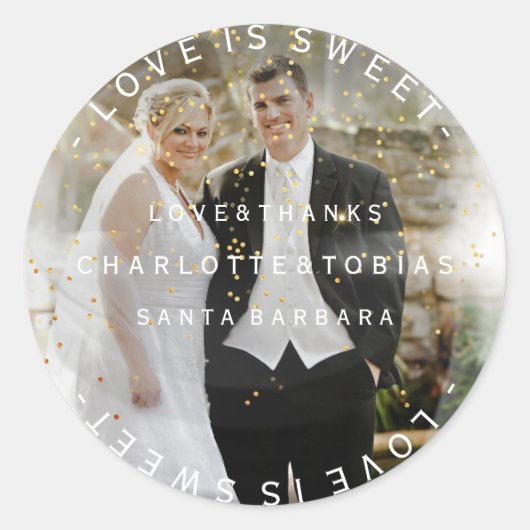 カスタムウェディング感謝していゴールデン紙吹雪写真 ラウンドシール (正面)