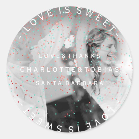 カスタムウェディング感謝していティール（緑がかった色）ピンクの写真のお気に入り ラウンドシール (正面)