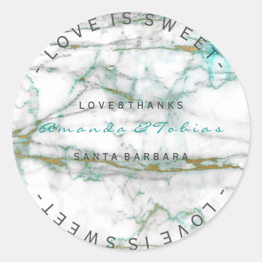 カスタムウェディング感謝していミント金ゴールドホワイトマーブル ラウンドシール (正面)