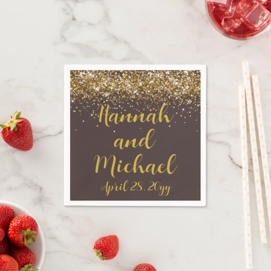 カスタムウェディング披露宴ブラウン&金ゴールド パーソナライズされた スタンダードカクテルナプキン (インサイチュ)