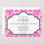 カスタムウェディング招待状ホットピンクダマスク 招待状 (正面/裏面)