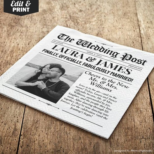 カスタムウェディング新聞ナプキン | おもしろい結婚のタブ スタンダードカクテルナプキン