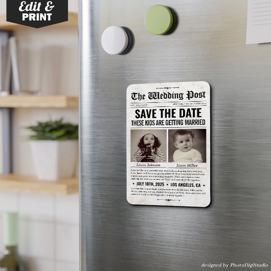 カスタムウェディング新聞日付の保存招待状 マグネット