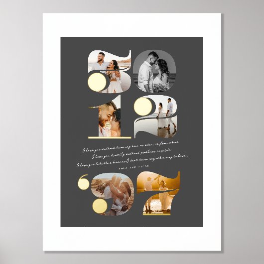 カスタムウェディング日付とラブ引用文モダンスタイリッシュ 箔ポスター (正面)