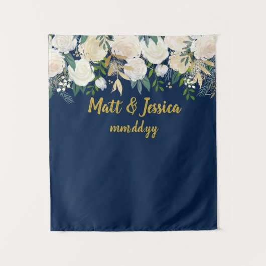 カスタムウェディング背景フォトブースNavy Blue金ゴールド タペストリー (正面)