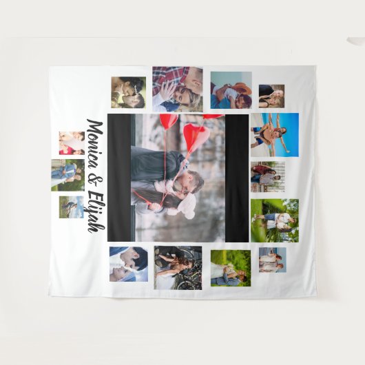 カスタムウェディング記念日15フォトコラージュ タペストリー (正面(横))