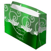 カスタムウェディング誕生日エメラルドグリーンリーホワイトレース ラージペーパーバッグ (裏面アングル)