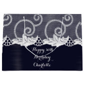 カスタムウェディング誕生日グラファイトホワイトレースネイビー ラージペーパーバッグ (正面)
