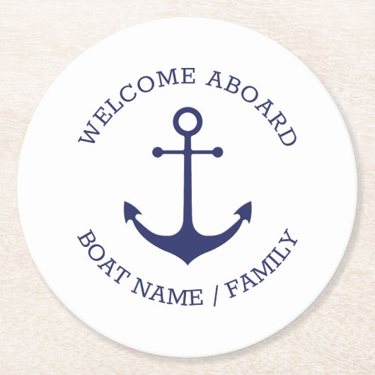 カスタムウェルカムアウ航海のトいかりネイビーホワイト ラウンドペーパーコースター (正面)