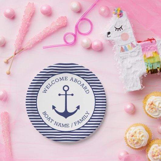 カスタムウェルカムアウ航海のトいかりブルーストライプ ペーパープレート (パーティー)