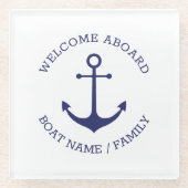 カスタムウェルカムアウ航海のトいかりブルー白 ガラスコースター (正面)