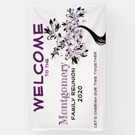 カスタムウェルカムファミリー懇親会モダンパープルツリー 横断幕 (縦)