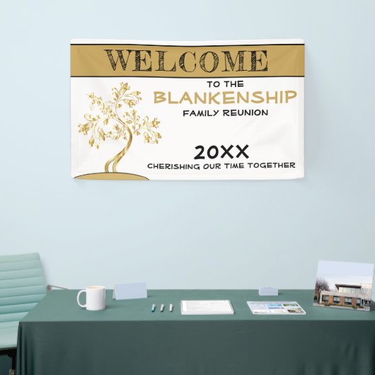 カスタムウェルカムファミリ懇親会名金ゴールドツリー 横断幕 (トレードショー)