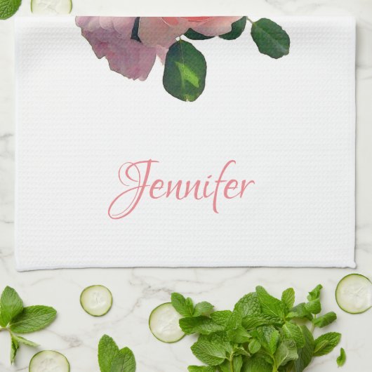 カスタムウォーターカラーアートピンクレッドローズパーソナライズされた キッチンタオル (折り畳み)