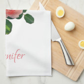 カスタムウォーターカラーアートピンクレッドローズパーソナライズされた キッチンタオル (四つ折り)