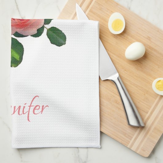 カスタムウォーターカラーアートピンクレッドローズパーソナライズされた キッチンタオル (四つ折り)