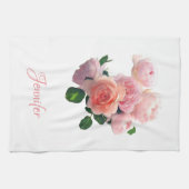 カスタムウォーターカラーアートピンクレッドローズパーソナライズされた キッチンタオル (横)