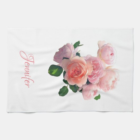 カスタムウォーターカラーアートピンクレッドローズパーソナライズされた キッチンタオル (横)