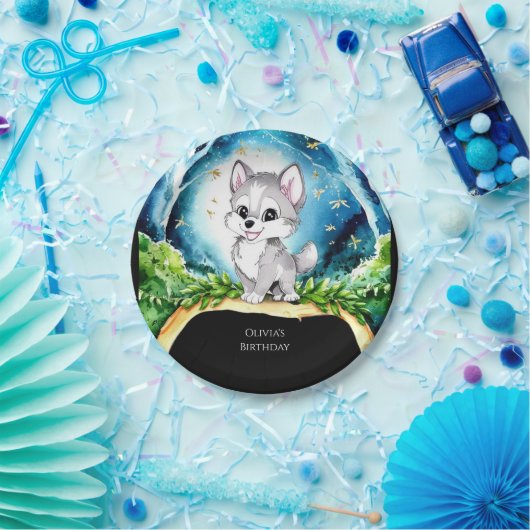 カスタムウォーターカラーウルフ誕生日 ペーパープレート (パーティー)