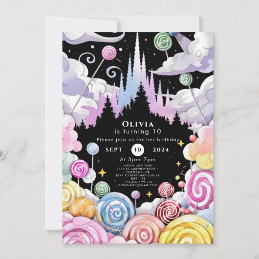 カスタムウォーターカラーキャンディランド誕生日 招待状 (正面)