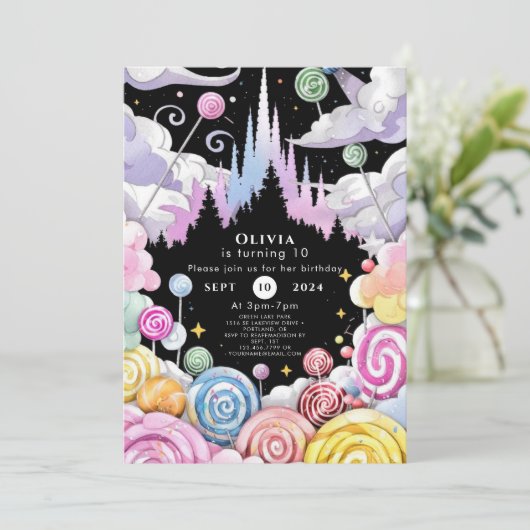 カスタムウォーターカラーキャンディランド誕生日 招待状 (スタンド正面)