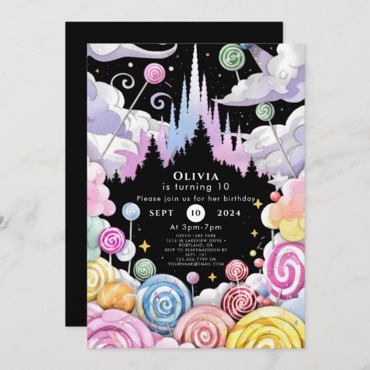 カスタムウォーターカラーキャンディランド誕生日 招待状 (正面/裏面)