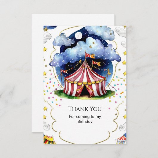 カスタムウォーターカラーサーカス誕生日 サンキューカード (正面/裏面)