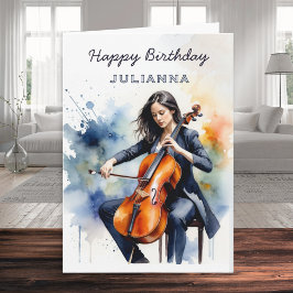 カスタムウォーターカラーチェリストミュージシャンお誕生日おめでとう カード