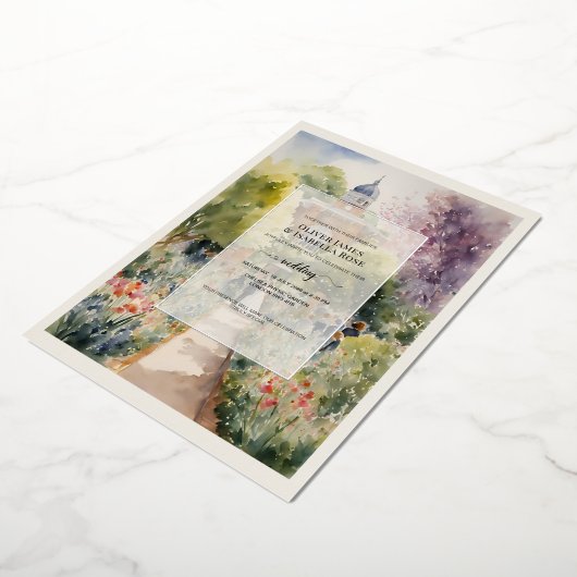 カスタムウォーターカラーチェルシーフィシック庭園の結婚式 箔招待状 (回転した状態)