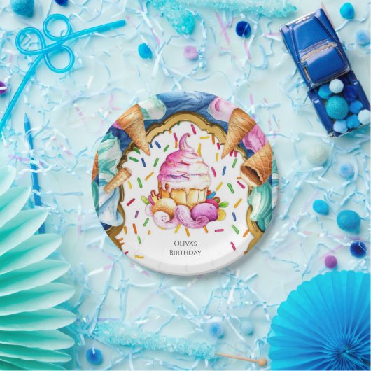 カスタムウォーターカラーデザートアイスクリーム誕生日 ペーパープレート (パーティー)