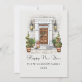 カスタムウォーターカラーハウス&ドッグニューイヤー シーズンカード (正面)