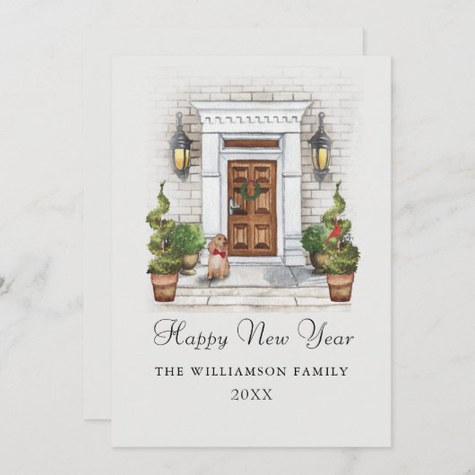 カスタムウォーターカラーハウス&ドッグニューイヤー シーズンカード (正面/裏面)