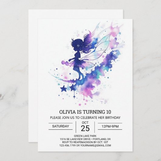カスタムウォーターカラーフェアリー誕生日 招待状 (正面/裏面)