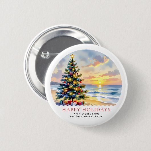 カスタムウォーターカラーフェスティブビーチ 海岸クリスマス 缶バッジ (正面&裏面)