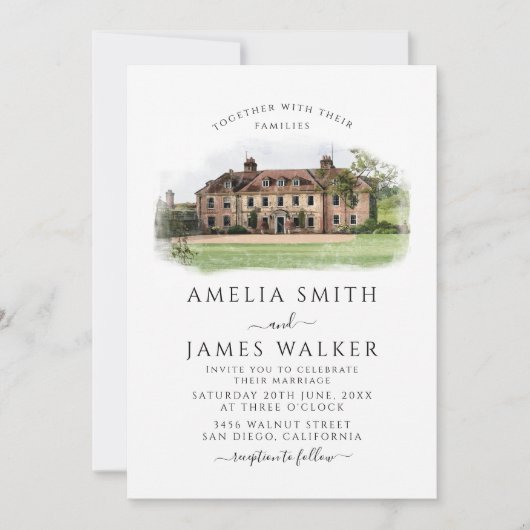 カスタムウォーターカラー結婚ホテル 招待状 (正面)