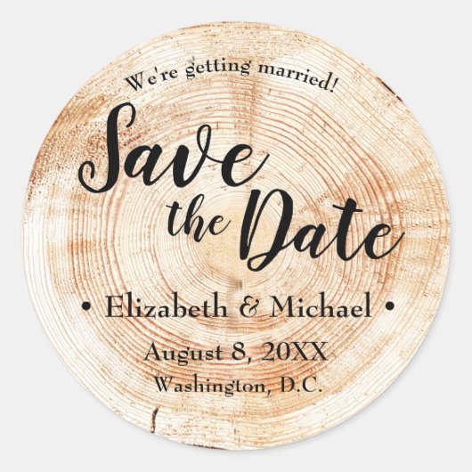 カスタムウッドカット素朴なウェディング日付を保存 ラウンドシール (正面)