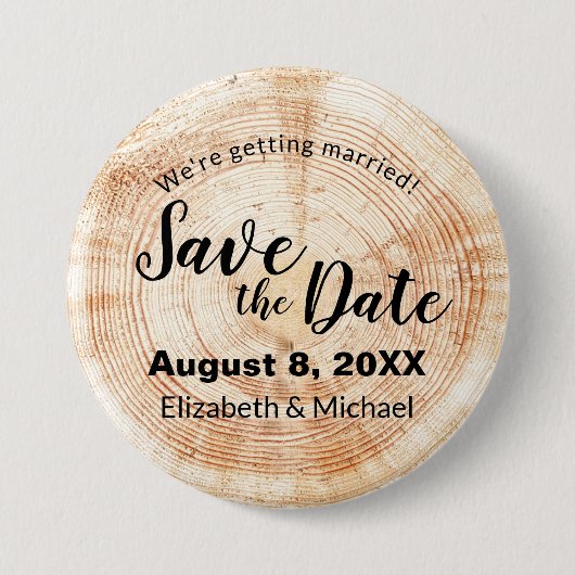 カスタムウッドカット素朴ディスク結婚式の日付を保存 缶バッジ (正面)
