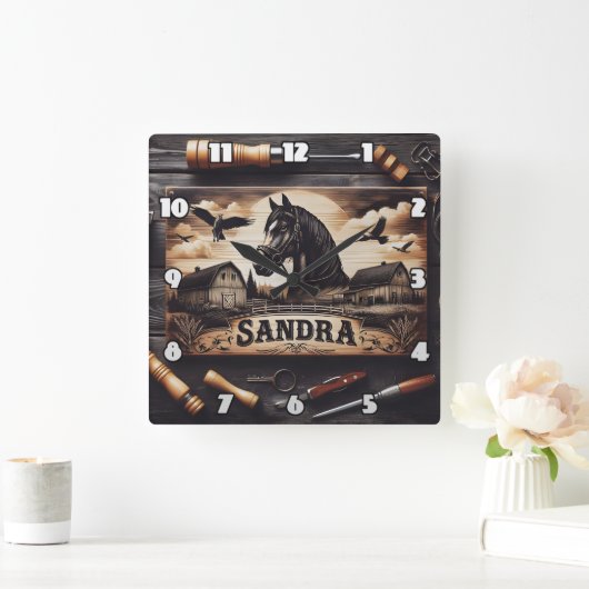 カスタムウマとバーンズの版木、銅版、版画ウッド スクエア壁時計 (ホーム)