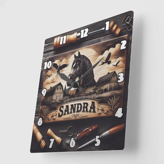 カスタムウマとバーンズの版木、銅版、版画ウッド スクエア壁時計 (傾斜)